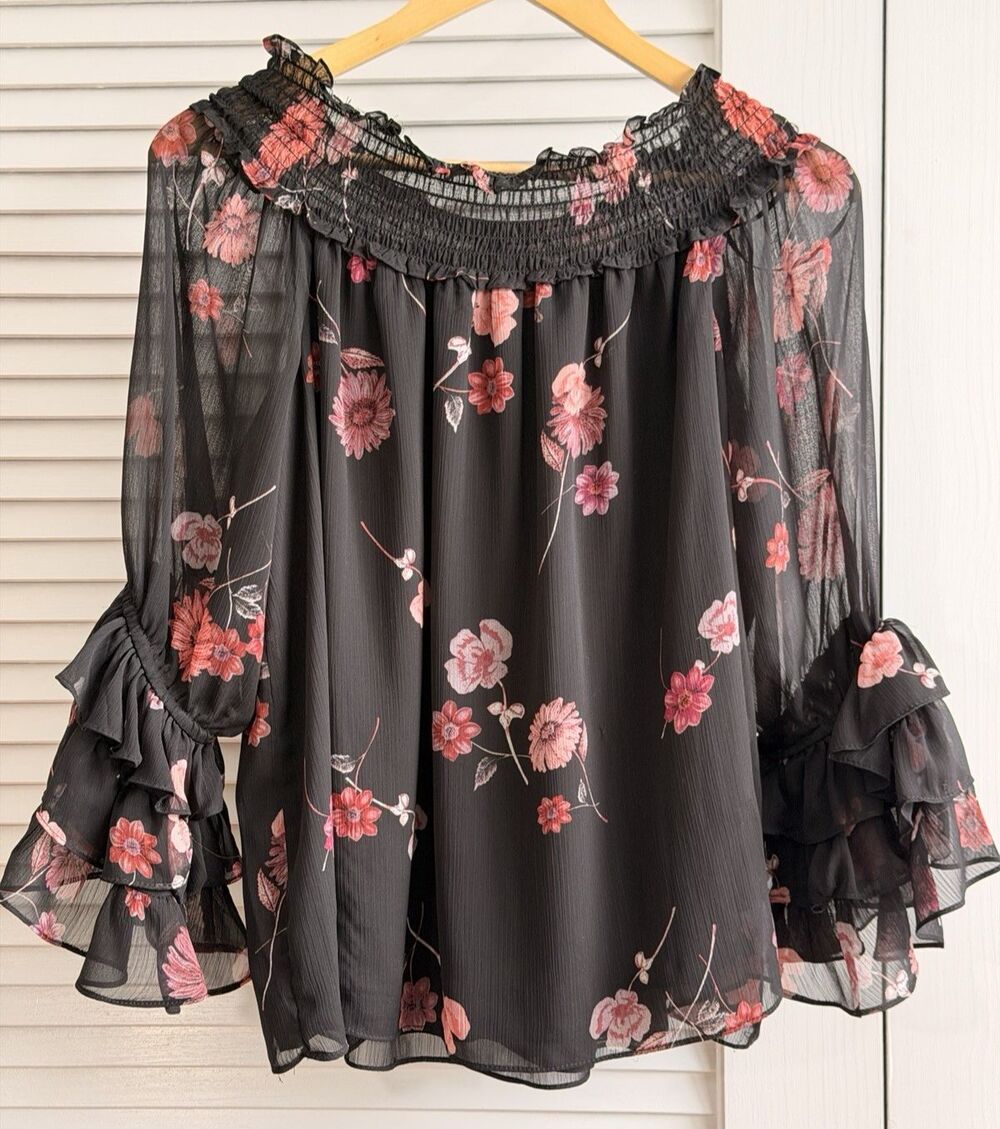 CeCe Blouse L Black Floral Off Shoulder Tiered Ruffle Sleeve Boho Romantic